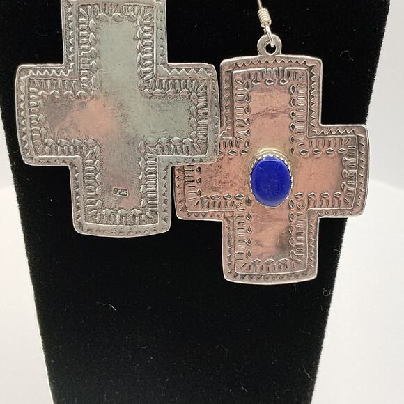 Southwestern Lapis and Sterling Silver Cross Earrings - Picture 2 of 6